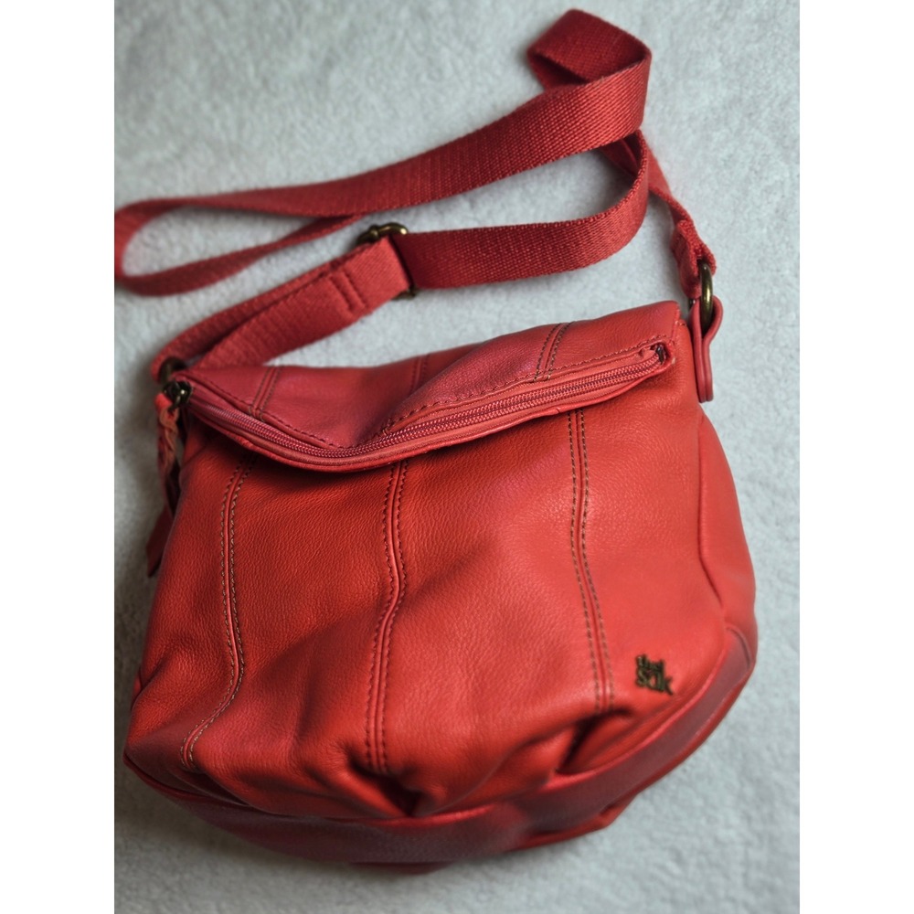 The Sak Red Leather Crossbody Bag Foldover Flap Adjustable Strap Bronze Hardware